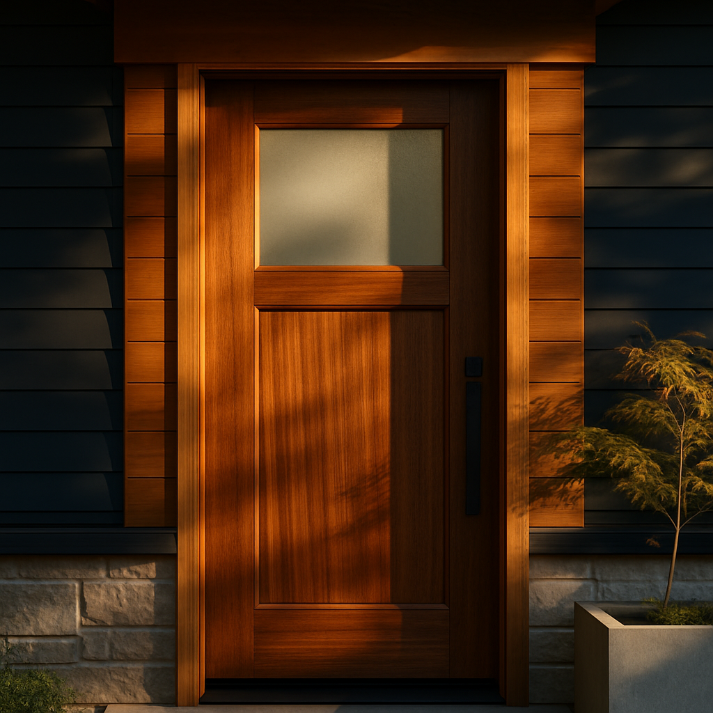 Craftsman-style warm walnut woodgrain exterior entry door with frosted glass panel and matte black hardware