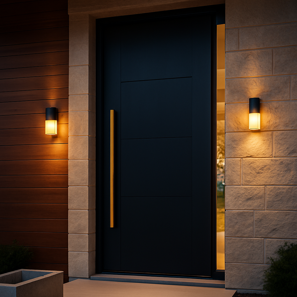 Oversized charcoal black pivot entry door with brushed brass vertical pull at dusk, warm limestone and ipe wood surround