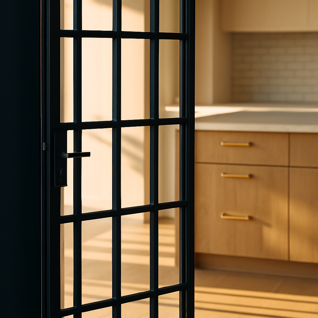 Narrow-profile black steel French door with 3-by-5 applied mullion grid in a sunlit modern kitchen