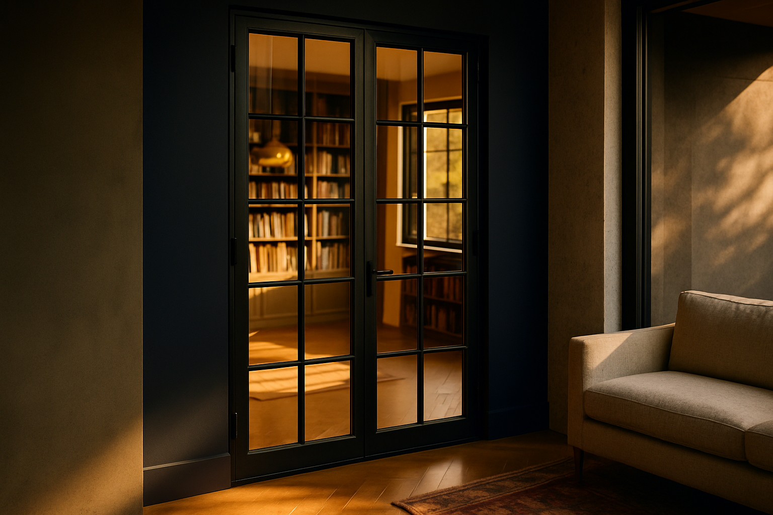 Custom black steel French door with 15-lite applied mullion grid installed in a modern Pacific Northwest home